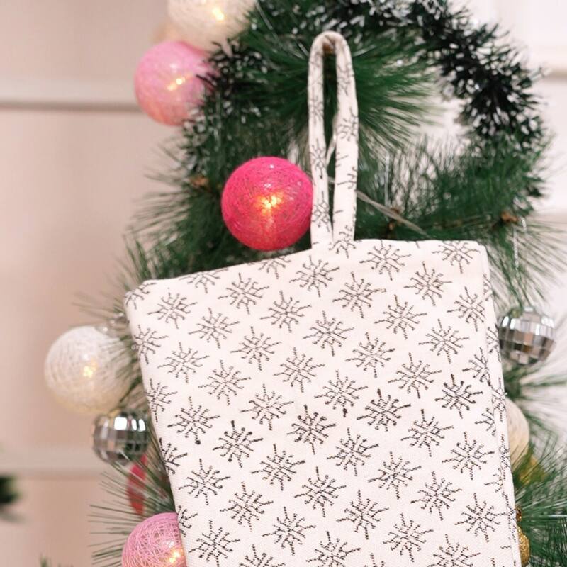 Fabdivine 16x6.5 Inches Hand Floral Block Print Christmas Stockings Tassle and Loop Perfect for Gift - 16"X6.5" - Chingari- Black, White - Christmas Stockings