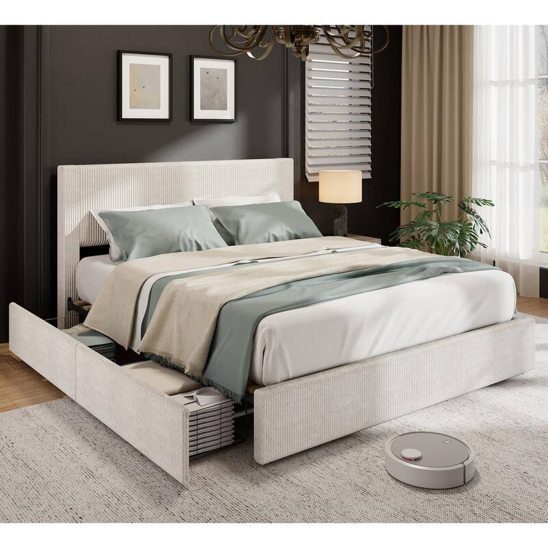 Full/Queen/King Size Bed Frame with Tufted Wingback Headboard, Platform Corduroy Upholstered Bed Frame with 4 Drawers - King - Beige
