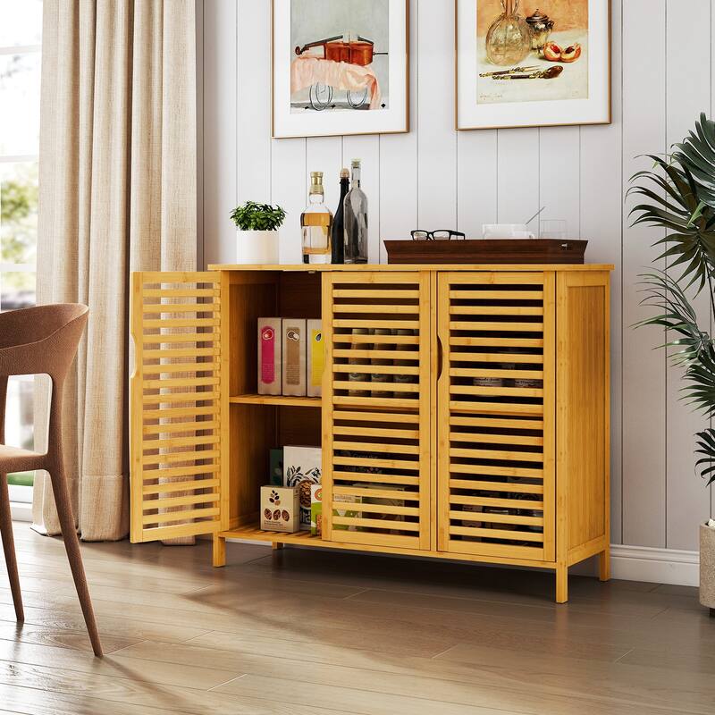 3-Door Natural Wicker Storage Cabinet with Adjustable Shelves for Bathroom, Kitchen or Dining Room - 39.5" x 14" x 31.5"
