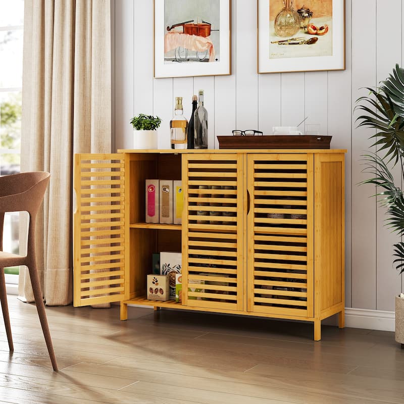 Gymax Bamboo Bathroom Cabinet 3-Door Storage Organizer w/ Shelves