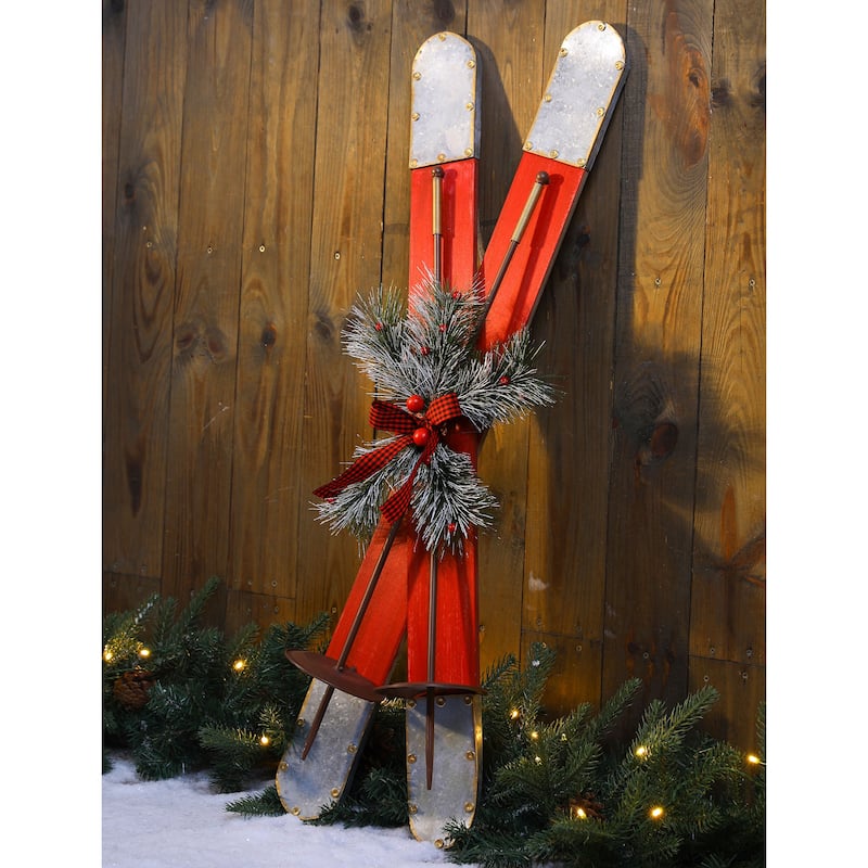 Glitzhome 35"H Christmas Wooden/Galvanized Ski Porch Decor