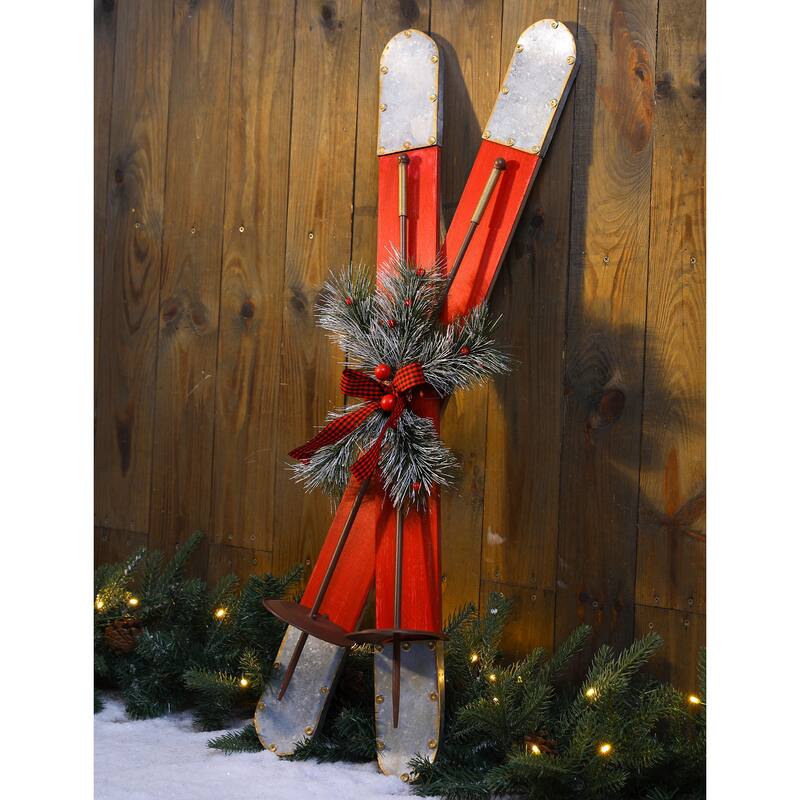 Glitzhome 35"H Christmas Wooden/Galvanized Ski Decor