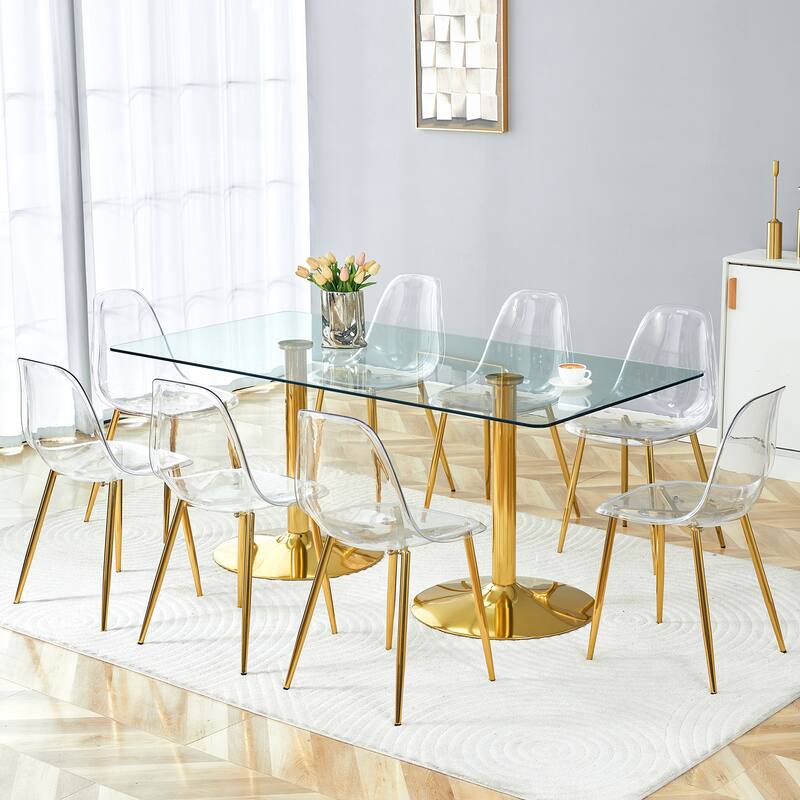 71" Dining Table Set for 6-8, Rectangular Kitchen Table with Transparent Plastic Chairs, Modern Glass Dining Room Table Set