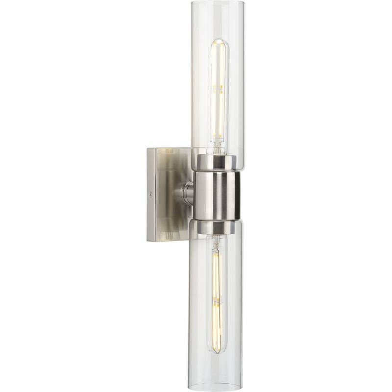 Clarion Collection Two-Light Brushed Nickel and Clear Glass Modern Style Bath Vanity Wall Light - 20.37 in x 4 in x 5 in