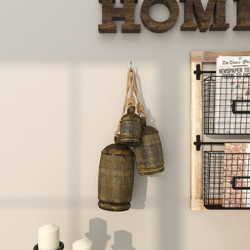 Gold, Gray, Bronze, Black or Red Metal Tibetan Inspired Decorative Cow Bells with Jute Hanging Rope (Set of 3)