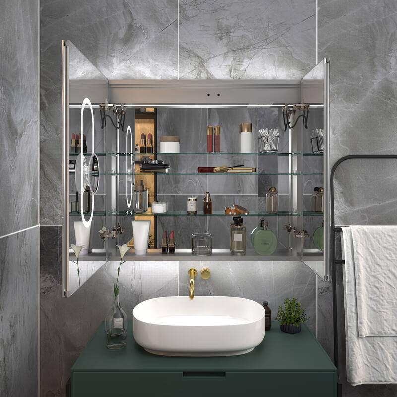 Modland Recessed Smart Mirror Cabinet 24-48x32" with Lights, Anti-Fog, Outlet & Magnifier - Adjustable Shelves