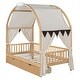 preview thumbnail 5 of 18, Pinewood Ground-Level Twin Size Canopy Bed with Arched Canopy,Tent,Light Strip and Two Drawers