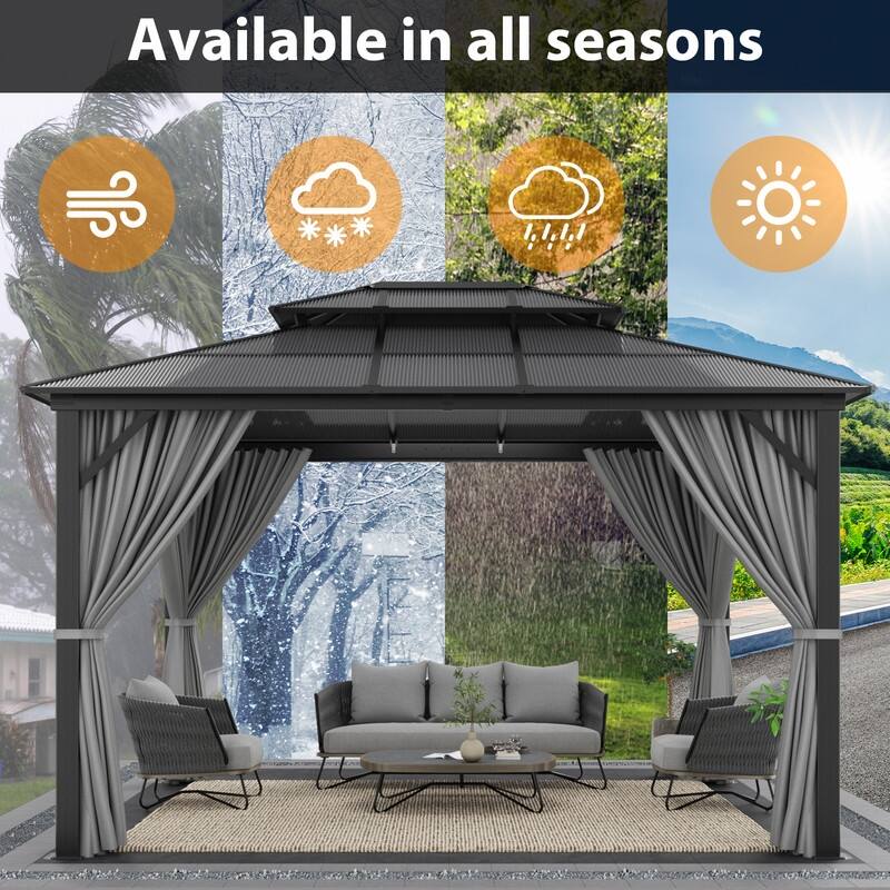 Outdoor Hardtop Gazebo with Double Roof & Aluminum Frame, Permanent Hardtop Gazebo with Netting and Curtains