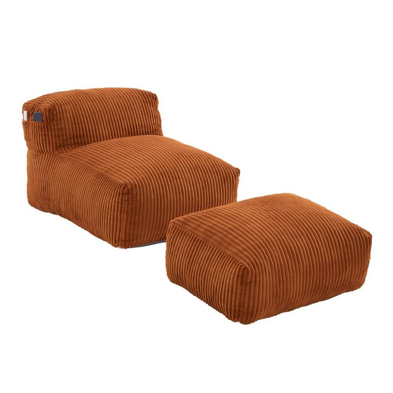 Corduroy Upholstered Lounger Large Ergonomic Support Compressed Bean Bag Sofa with Ottoman