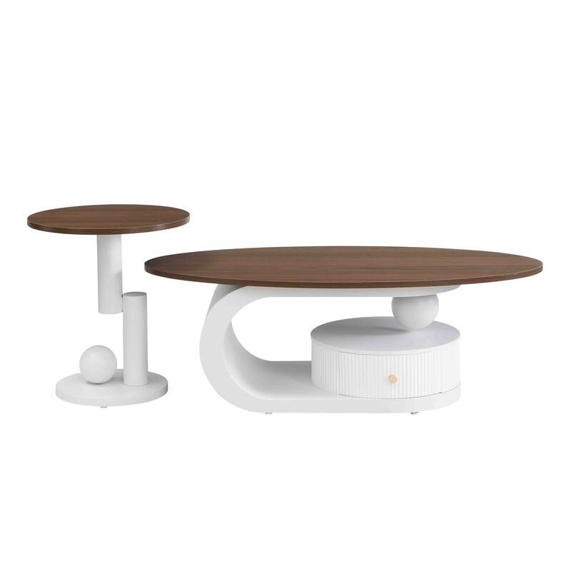Nesting Coffee Table Set of 2, Round & Oval End Tables with faux marble Tabletop, Side Table