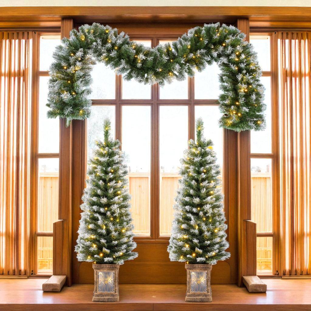 Set of 2 Pre-Lit 4FT Entrance Christmas Trees with LED Lights, Gold Pots, Artificial Holiday Decoration