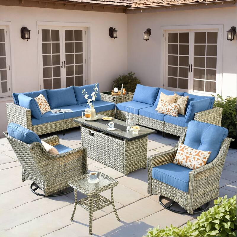 OVIOS 11-Piece Outdoor Wicker Swivel Chair Set With Solar-Powered Coffee Table&Fire Pit