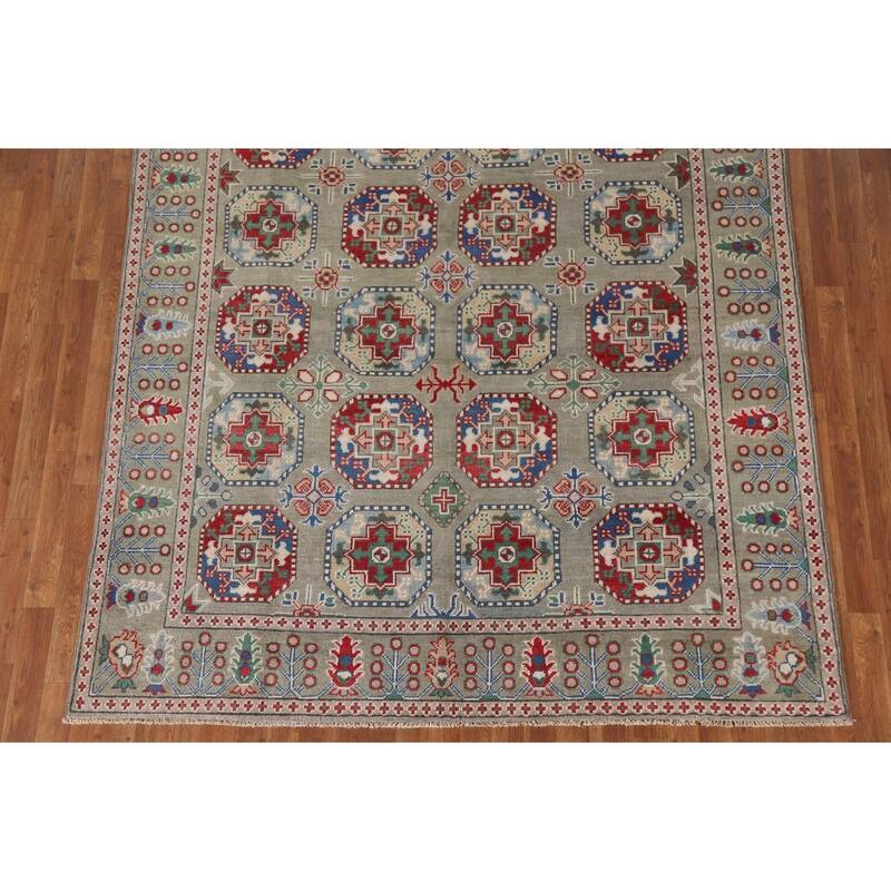 Hand Knotted Oriental 100% Wool Carpet Traditional All-Over Green Kazak Area Rug - 9' 10'' X 6' 7''