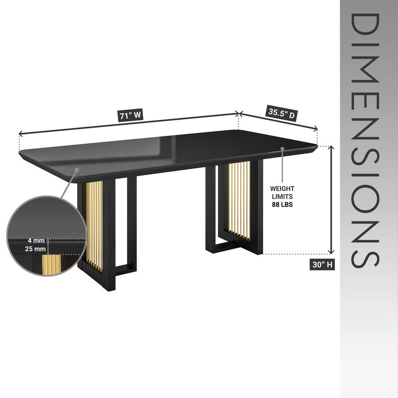 6 Seater Dining Table with Tempered Glass Top and Gold Accents Modern Design - Black
