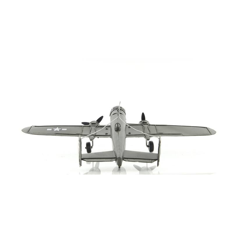 HomeRoots 4" Gray and White Metal c1941 North American B-25 Mitchell Bomber Hand Painted Airplane Sculpture - 16.5' X '4' X '12