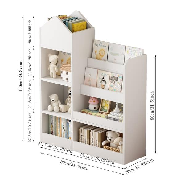 dimension image slide 2 of 4, Kids Wooden Bookshelf Toy Storage Organizer