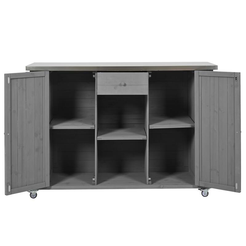 Outdoor Kitchen Island, Rustic Fir Wood with Stainless Steel Top and Smart Storage