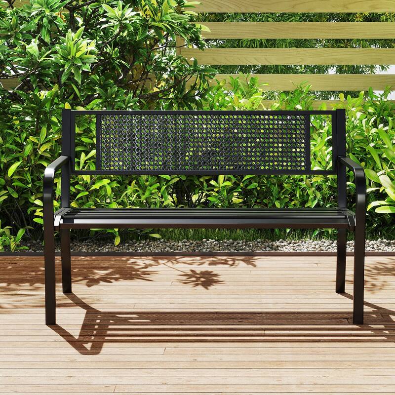 Black Metal Garden Bench with Patterned Backrest and Curved Armrests - 50" L × 23" W × 32" H