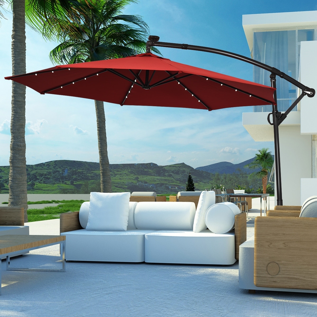 Costway 10FT Patio Offset Umbrella Solar Powered LED 360degrees