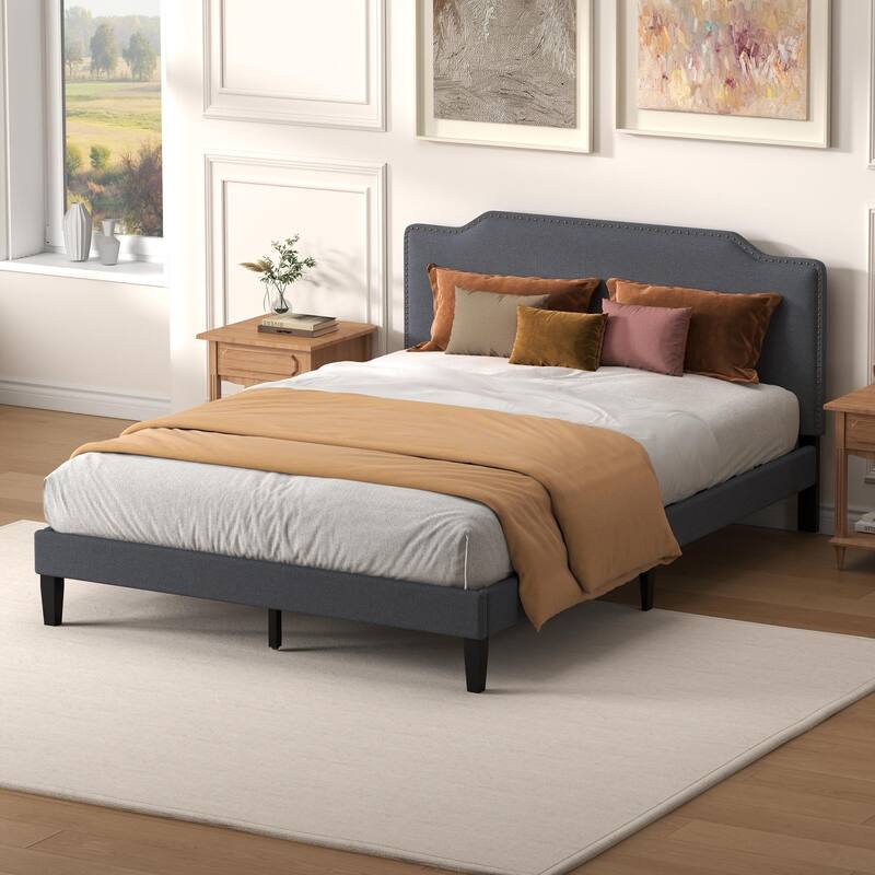 Upholstered Panel Bed with Nailed Headboard - Dark Grey - Queen