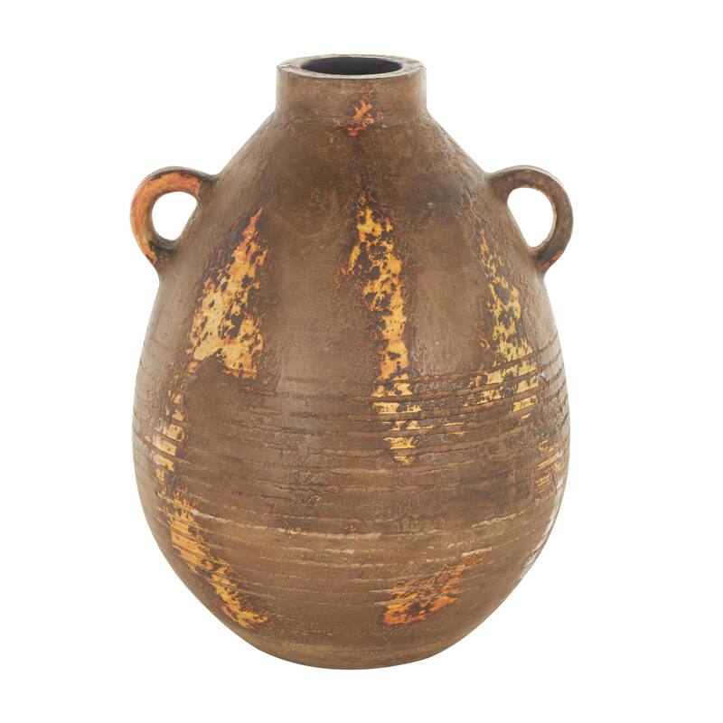 Ceramic Antique Style Distressed Vase with Grooves and Handles - Brown - Roche River Decor - 12"W x 11"L x 15"H