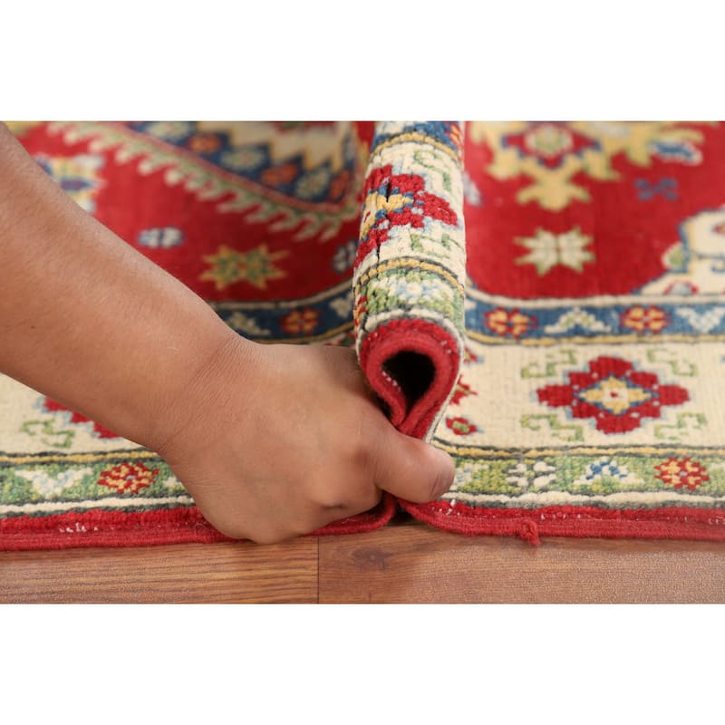 Red Geometric Kazak Foyer Rug Handmade Traditional Wool Carpet - 2'10" x 4'1"