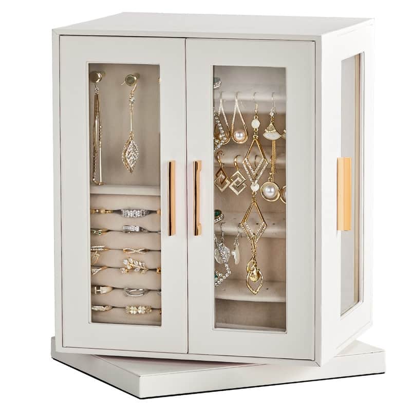 FCH Quad View with Storage 5 Drawers Rotatable White Cabinet Pink Velvet Jewelry Case