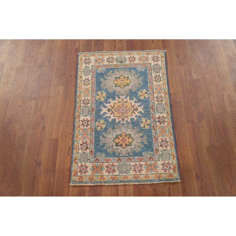 Hand Knotted Oriental 100% Wool Carpet Traditional Geometric Navy Blue & Blues Kazak Area Rug - 2' 10'' X 1' 11''