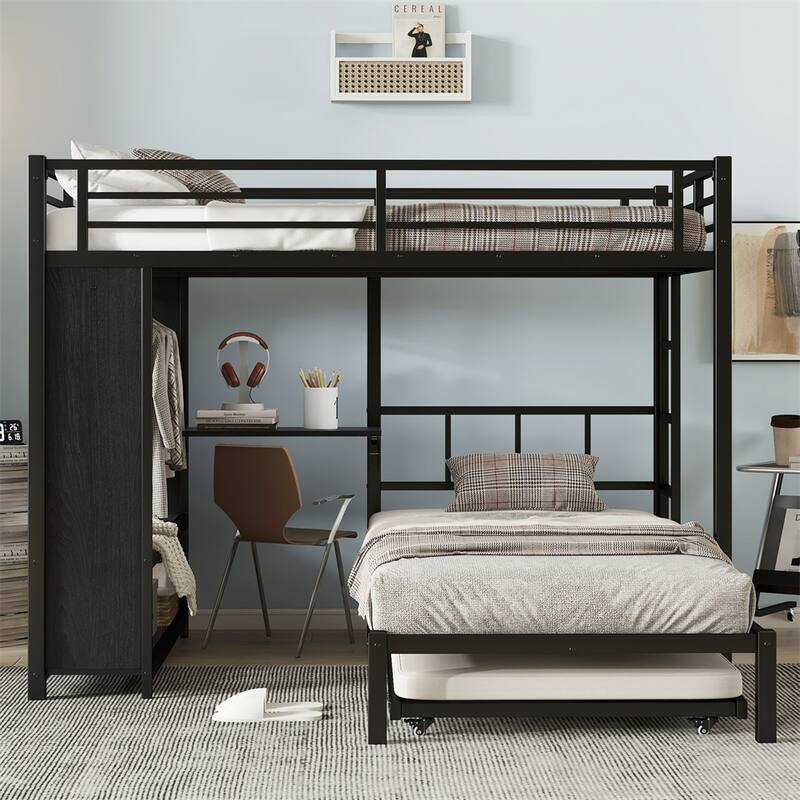 Full Over Twin Bunk Bed w/Built-in Wardrobe,Metal Bunk Bed w/Trundle
