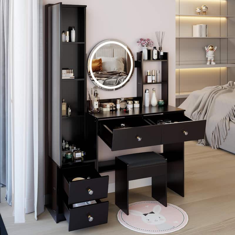 Full Body Mirror Cabinet + Round Mirror LED Vanity Table + Cushioned Stool, 17" diameter LED Mirror, Touch Control