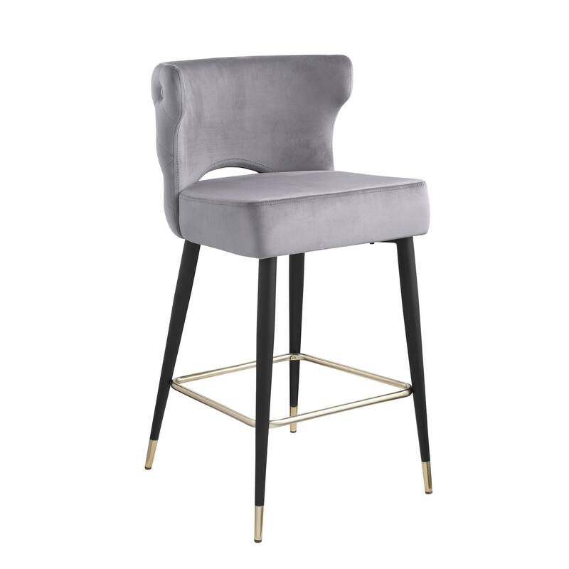 Contemporary Velvet Upholstered Counter Height Stool with Gold Tipped, Black Metal Legs, 22" W x 19" D x 38.5" H