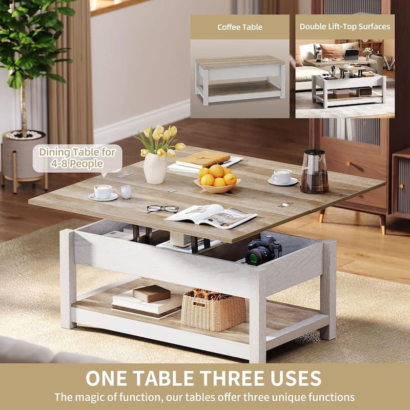Moasis Farmhouse Lift Top Coffee Table Dining Table with Hidden Storage and Shelf