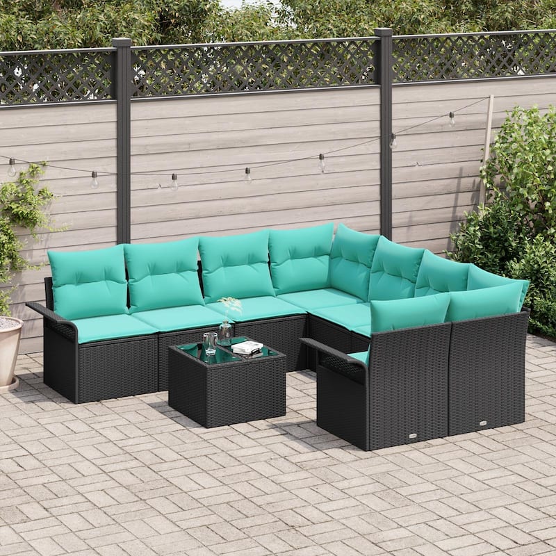 vidaXL 9 Garden Sofa Set with Cushions Black Poly Rattan - 95.9 x 92.1 x 27.2