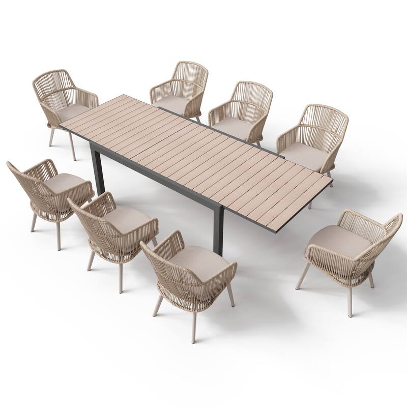 Outdoor Patio Dining Sets with PE Wicker Chairs and Extendable Aluminum Dining Table for 8 Persons