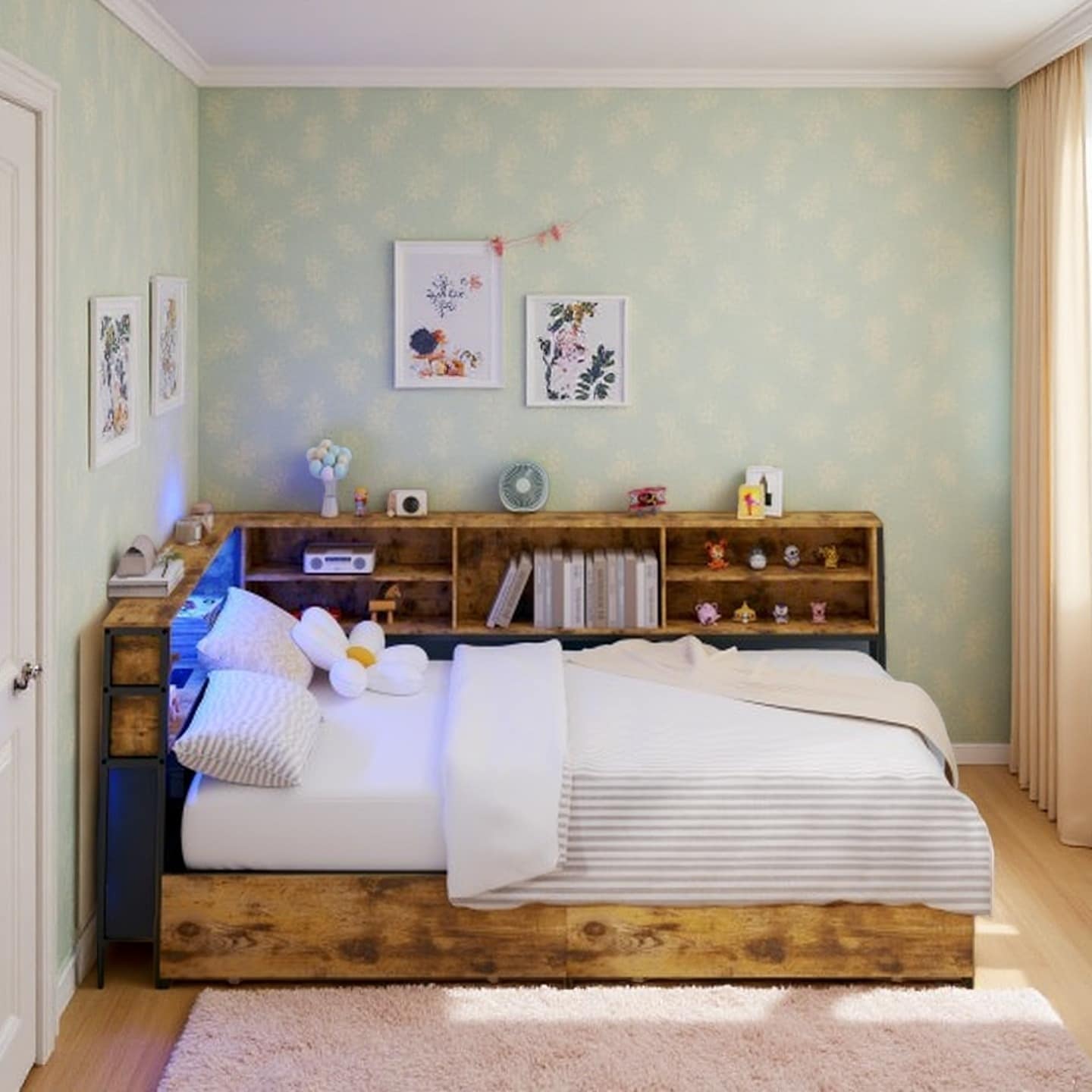 Full Corner Daybed with Storage Drawers, Bookcase Headboard, LED Lighting and Built-In USB Charging Station