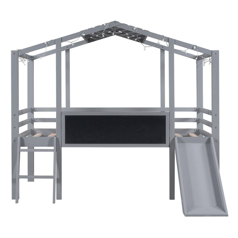 Twin Loft Bed with Slide, Ladder, Blackboard, and Roof Light Strip, Gray