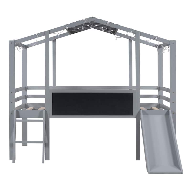 Twin Size Loft Bed with Ladder and Slide, House Bed with Blackboard and Light Strip on the Roof, White