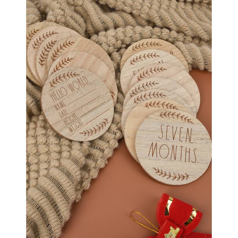 Rae Dunn Baby Milestone Wooden Discs - Set of 13 - Brown Text w/ Leaf Border