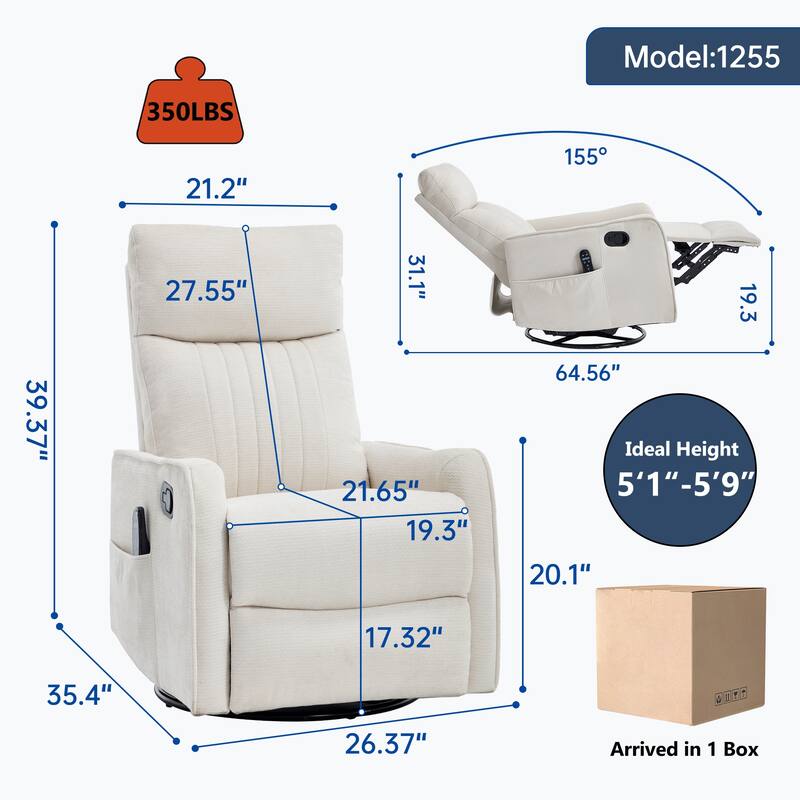 Swivel Recliner Chair with Heat & Massage, Heavy Duty Manual Recliner Chair, Glider Rocker Chair with Side Pocket - Beige