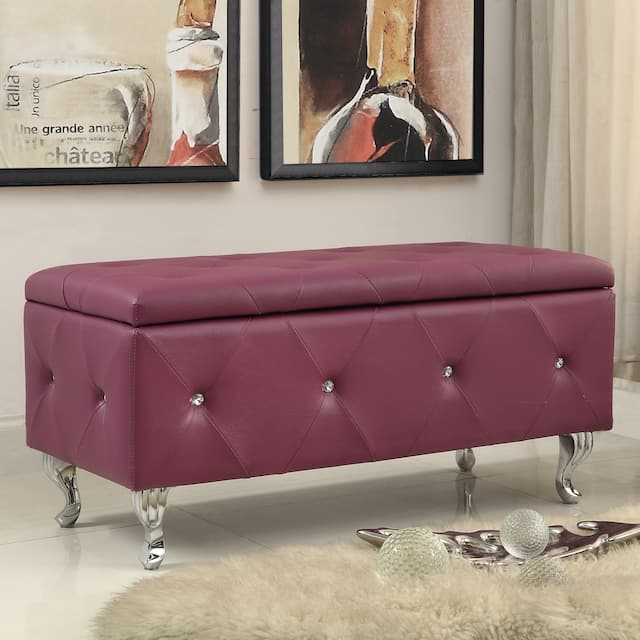 Upholstered Tufted Storage Bench - Bonded Leather - Purple