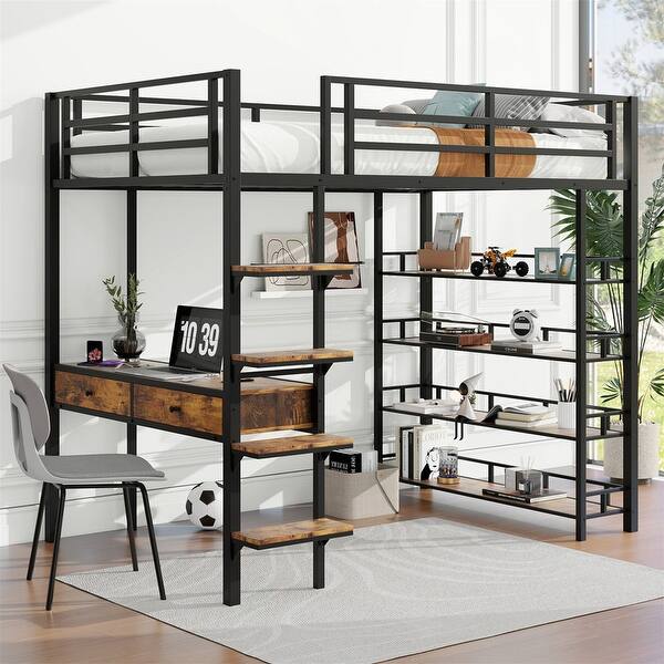 slide 2 of 21, Twin/Full Size Metal Loft Bed with Bulit-in Desk and 2 Storage Drawers, Heavy Duty Loft Bedframe with 4-Tier Storage Shelves Full