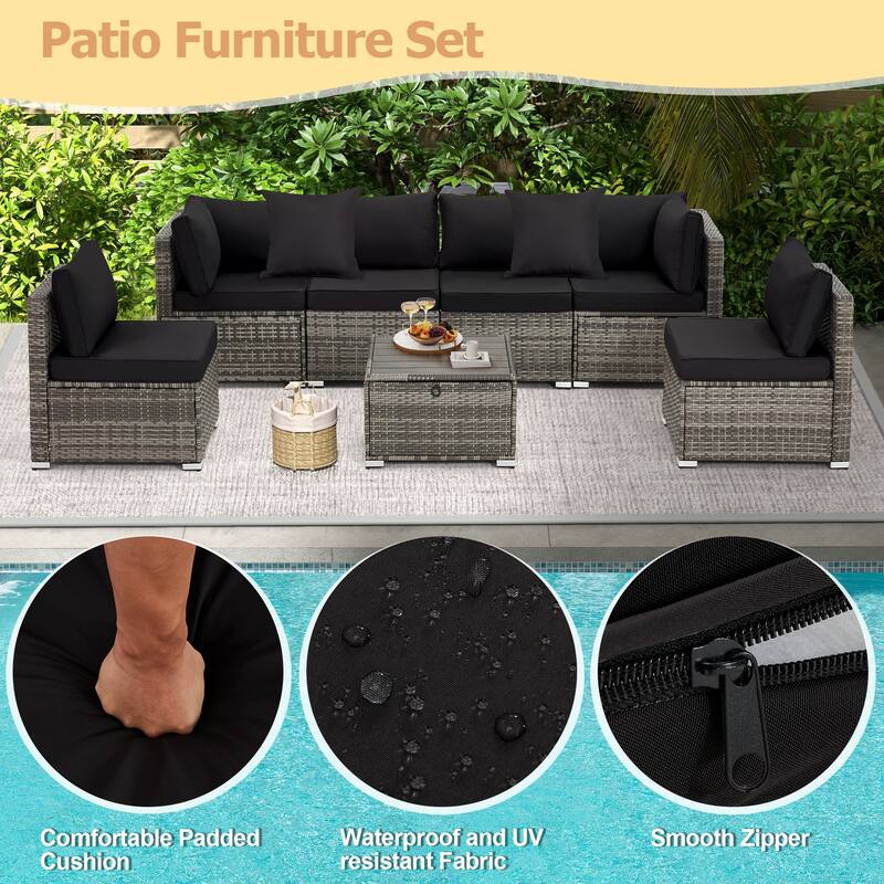 EROMMY 6/7 Piece Modular Outdoor Rattan Sofa Set, All-Weather Wicker Patio Furniture with Storage Table, Cushions & Pillows
