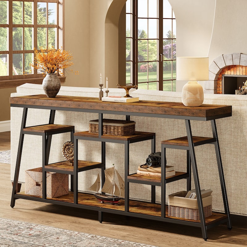 70.87-Inch Industrial Console Table for Entryway, Sofa Table with 7-Tier Storage Shelves - 13.78" D x 70.87" W x 33.46" H - Rustic Brown