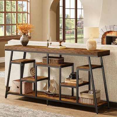 70.87-Inch Industrial Console Table for Entryway, Sofa Table with 7-Tier Storage Shelves - 13.78" D x 70.87" W x 33.46" H