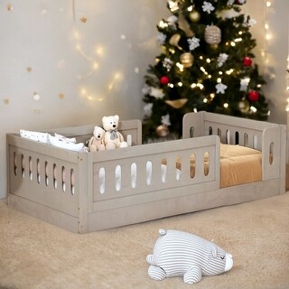 Wood Twin Size Platform Bed with Guardrail and Semi-enclosed Fence For Toddler