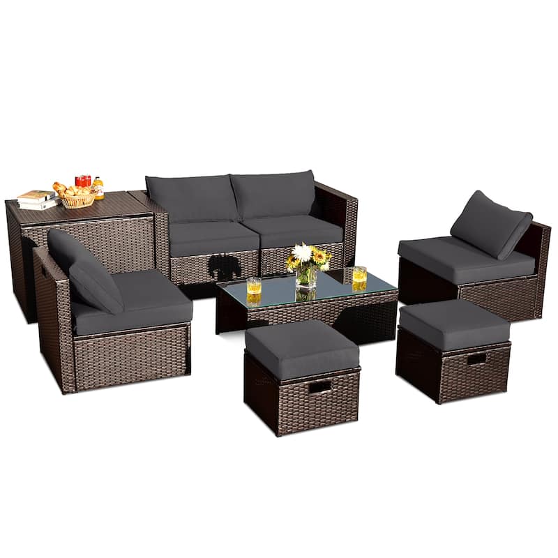 8PCS Patio Rattan Furniture Set Space-Saving Storage W/ Cushion