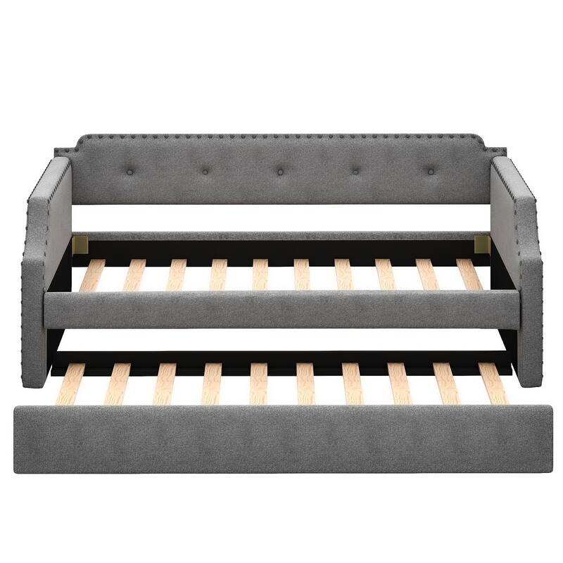 Upholstered Daybed With Trundle, Wood Slat Support,Upholstered Frame Sofa Bed