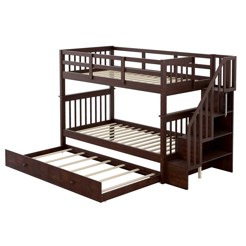 Twin-Over-Twin Bunk Bed with Trundle, Staircase Design with Storage Shelves, Solid Pine Frame, No Box Spring Needed