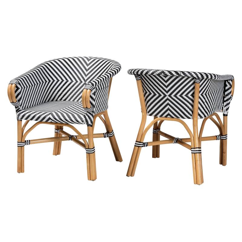 Max Rattan Bistro Armchair - Handwoven Dining Chair with Curved Back and Sloping Arms For Kitchen or Indoor/Outdoor Lounge - Natural Brown/Black/White