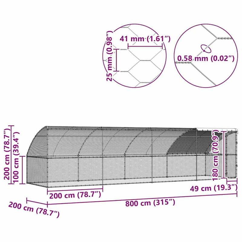 vidaXL Chicken Cage Silver 400/600/800 x 200 x 198.5 cm Galvanized steel